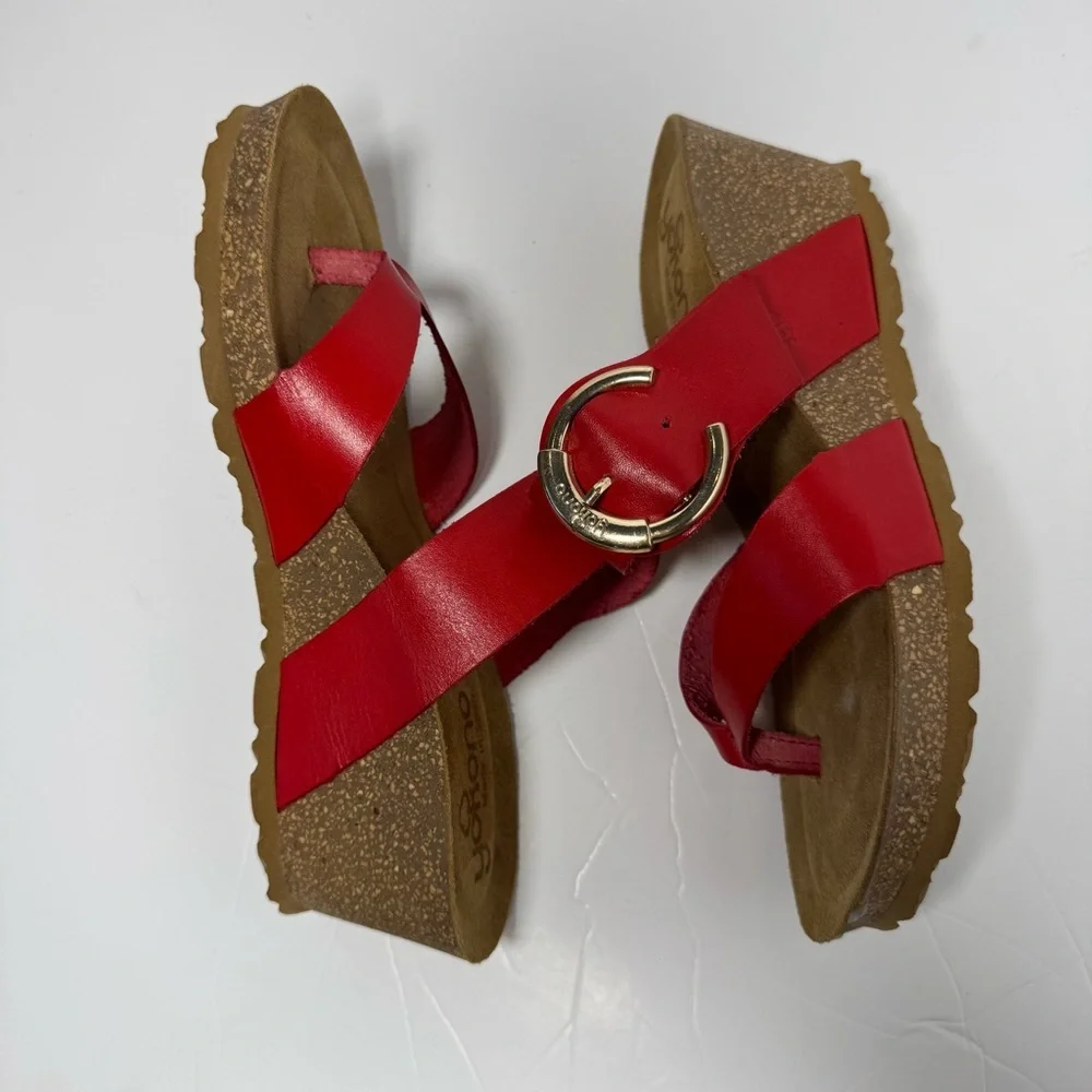 Yokono Red Leather Wedge Sandals Size 38 7 Buckle Strap Cork Platform Spain